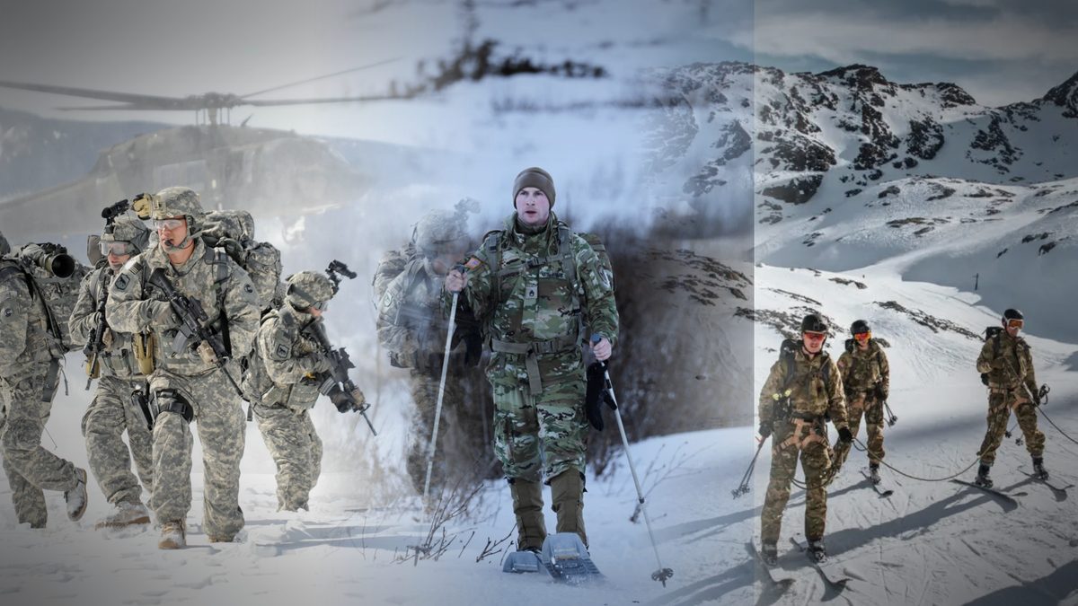 Arctic warfare — squad moving off a helicopter LZ in deep snow, snowshoe movement and roped ski team in alpine terrain