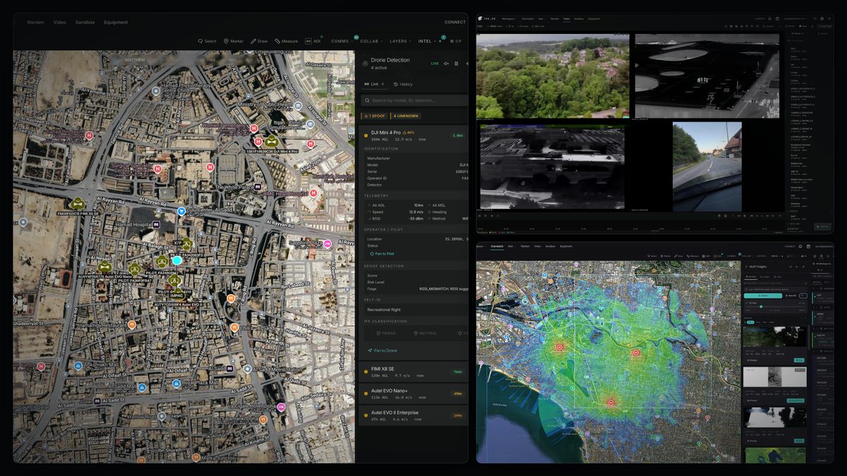 C6ISR and battle management — TAK-based common operating picture with drone detection over Doha, multi-feed VMS and imagery tasking