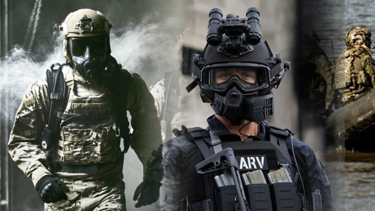 CBRN respirators in use — specialist teams operating masked in contaminated environments