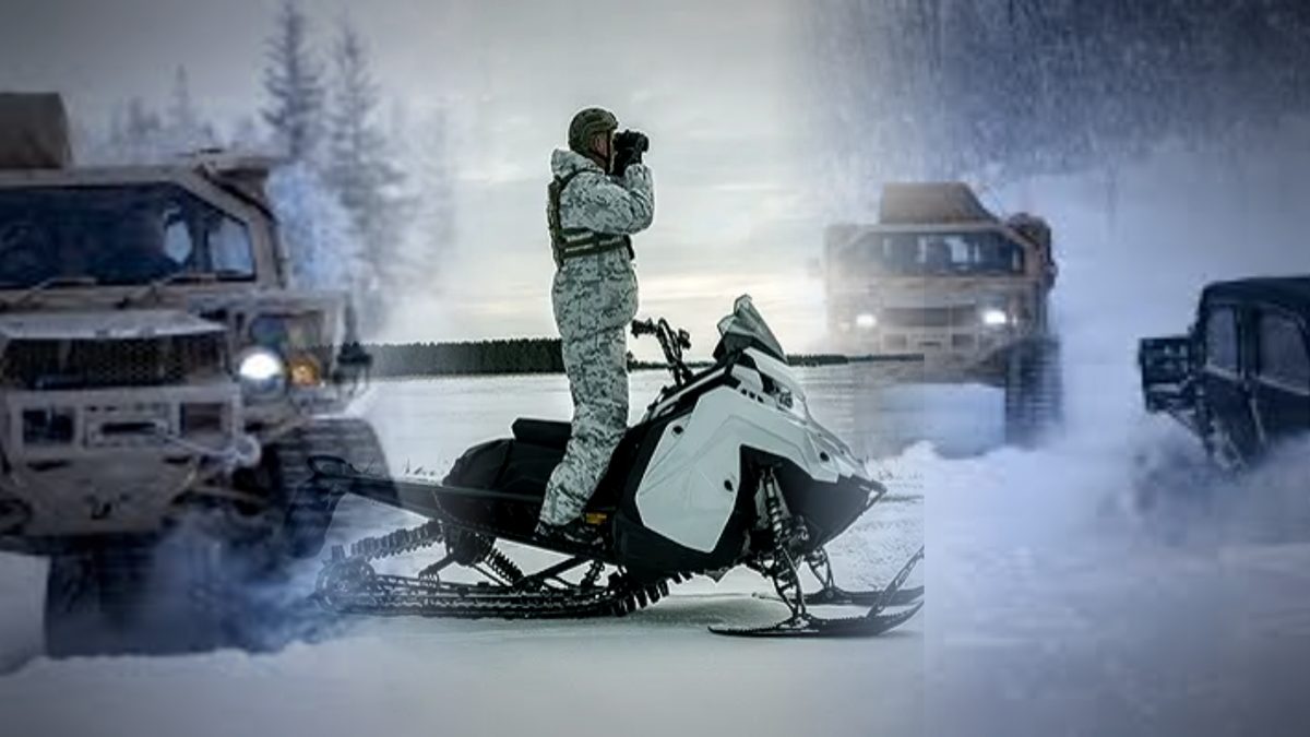Tactical oversnow mobility — tracked utility vehicles and a tactical snow machine with mounted observer in winter conditions