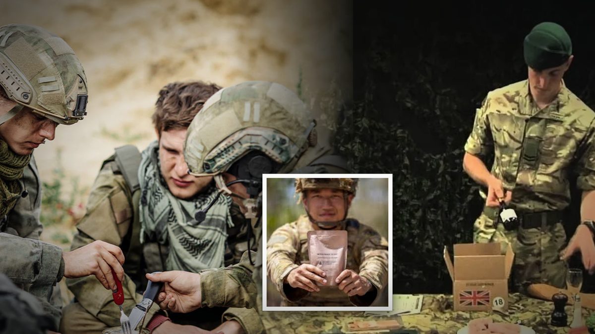 Combat ration packs — troops eating in the field, individual ration pouch and 24-hour ration unboxing